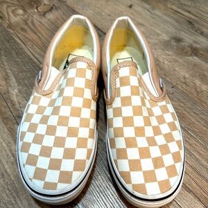 Vans slip ons in what I believe to be in the color “antler” on the Vans site